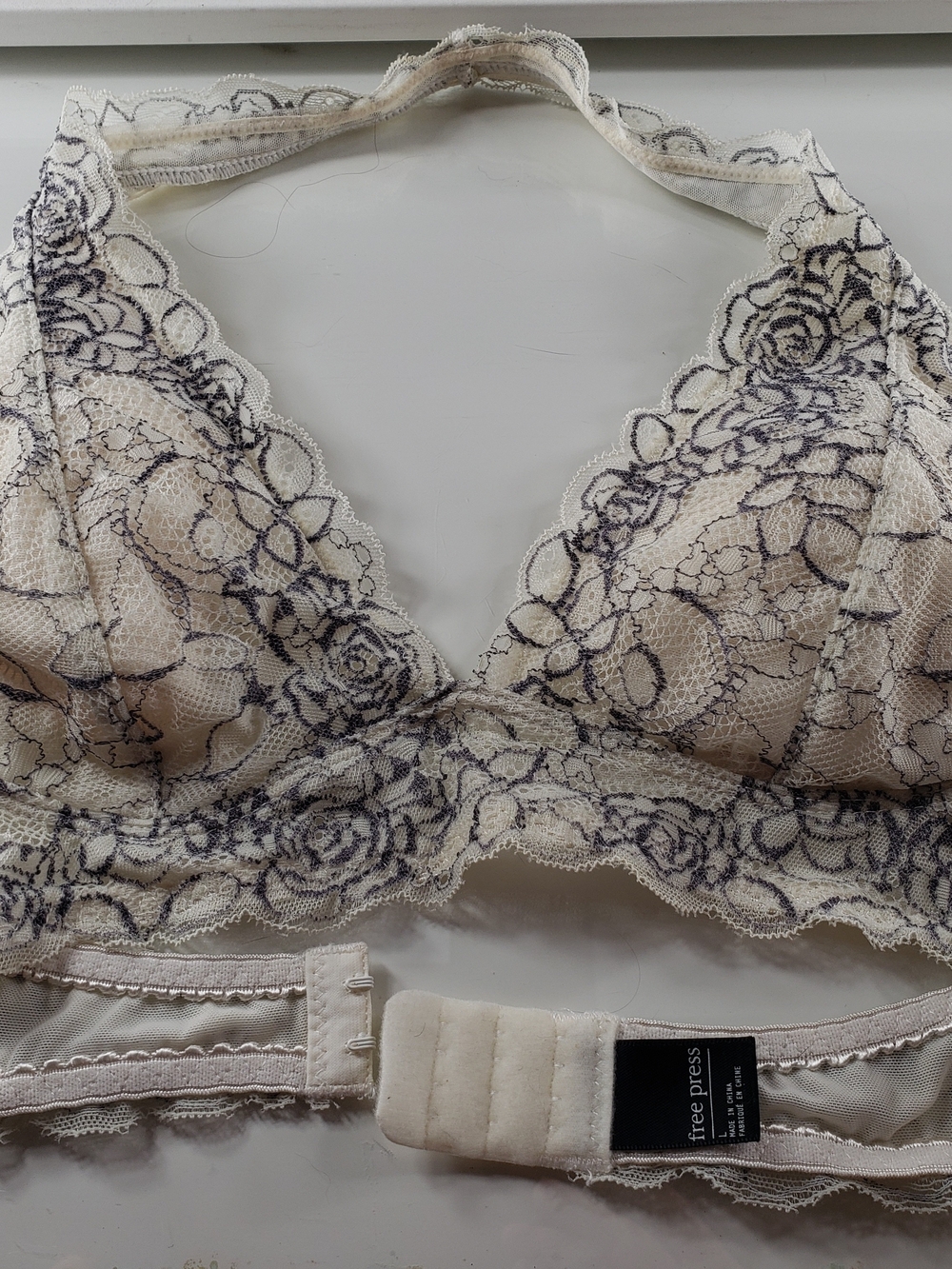 Free Press Lace Halter Bralette in Cream with Grey Floral Overlay